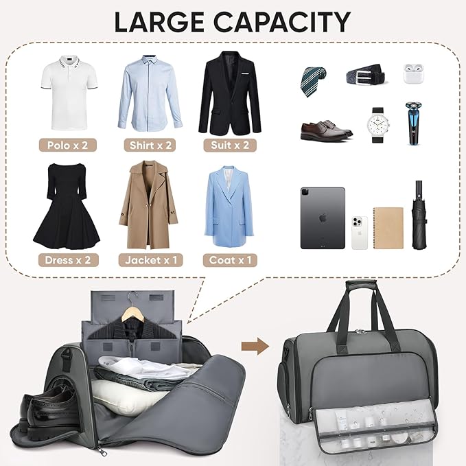 BALEINE Travel Garment Bag, Travel Suit Bag for Men, Water Resistant Carry on Garment Bag for Hanging Clothes, Garment Duffel Bag for Travel Business (Dark Gray-Convertible) - Image 5