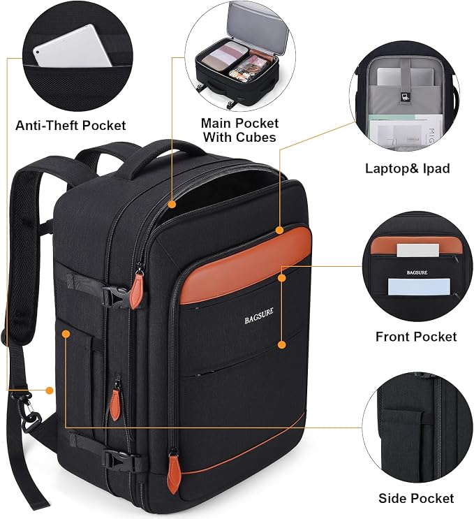 Bagsure Travel Backpack Carry On Backpack 42L Flight Approved, Expandable Laptop Backpack with Packing Cubes & Shoe Pocket, Water Resistant Luggage Backpack for Men Women, Large Backpack 20 * 14 * 7" - Image 6