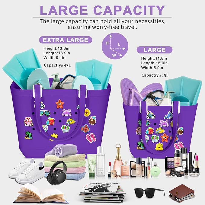 X-Large Rubber Beach Bag Travel Tote Bag with Waterproof Zipper Pocket, Washable Durable Rubber Beach Tote Mom gift - Image 4