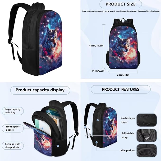 Galaxy Wolf Backpack for Girls Kids Backpack with Lunch Box Water Bottle Carrier and Aesthetic Pencil Case 4PCS Set Bookbag with Compartments for School 17 inch Large Capacity School Bag - Image 4
