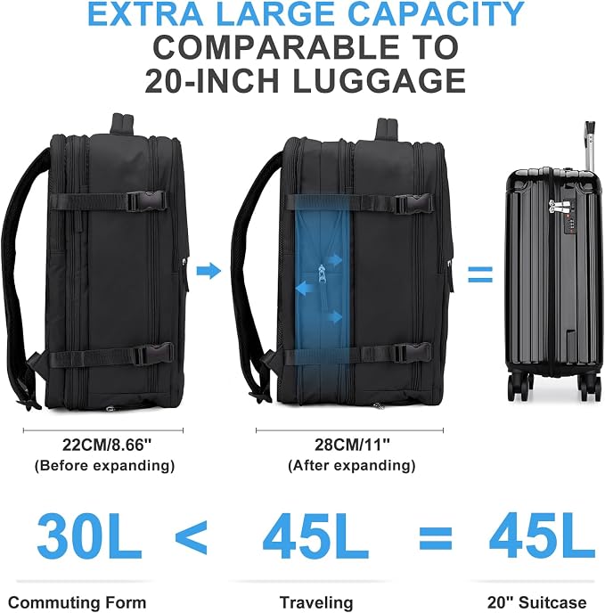 coowoz Large Travel Backpack For Women Men, Carry On Backpack,Hiking Backpack Waterproof Outdoor Sports Rucksack Casual Daypack Expandable Heavy Duty Extra large Backpack Black Expansion - Image 4