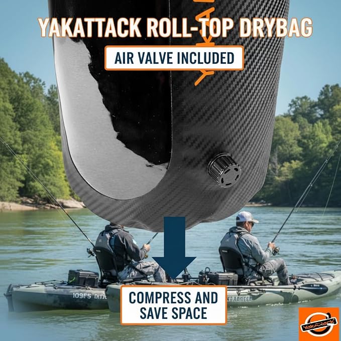 YakAttack 20L Roll-Top Drybag with Air Valve - Black Carbon | Waterproof Marine Dry Bag for Kayaking, Boating, Backpacking & Paddleboarding | Heavy Duty Roll Top Compression Drybag for Gear Storage - Image 2