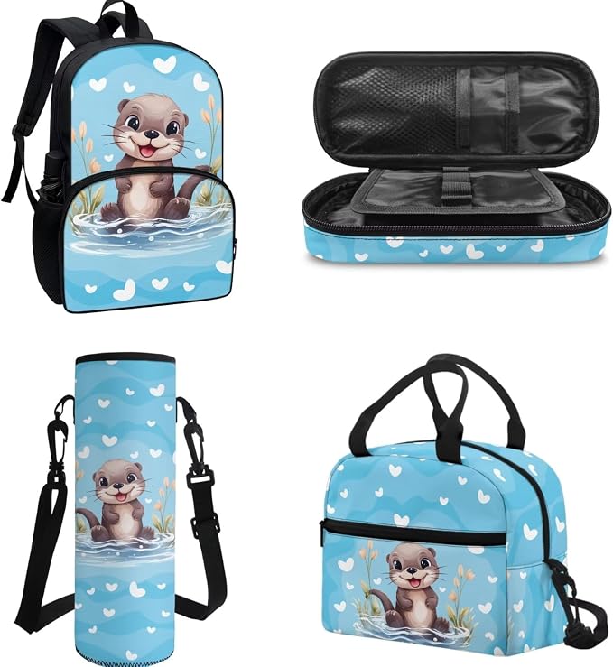 Children Schoolbag Set 4Piece Set Cartoon Otter Backpack with Lunchbox+Pencil Case+Water Bottle Carrier Bag for Boys Girls Kindergarten Bookbag Personalize Otter Backpack Custom Name - Image 3