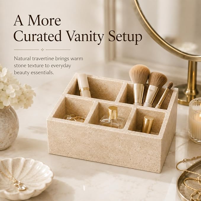 Travertine 5-Compartment Desk Organizer, Beige | Natural travertine with 5 compartments for pens, makeup brushes, skincare bottles, office supplies and vanity items - Image 2