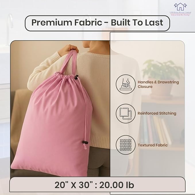 LFH Home Large Premium Cotton Rich Canvas Laundry Bag with Drawstring and Handles Heavy Duty, Multi-Use, Washable for Home, Travel, College or Storage 20x30 (Pack of 4)-Pink - Image 4