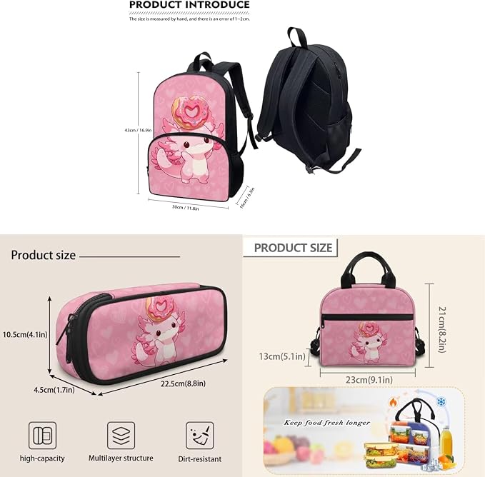 Axolotl Donuts 3Pcs Backpack Sets, Kids Bookbags Primary School Daypack Elementary Students Knapsack with Insulated Lunch Box Pencil Case for Teens - Image 5