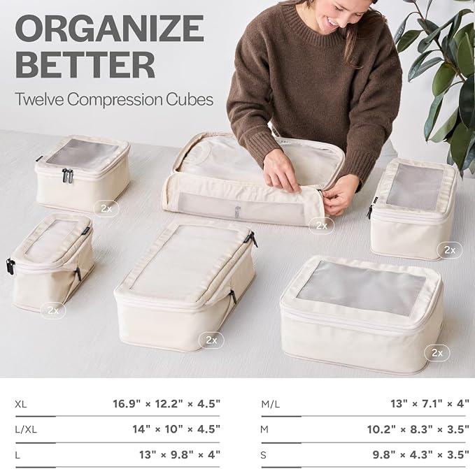 Aerotrunk Compression Packing Cubes for Travel - Luggage Organizer Bags - Double Zipper Packing Cubes for Suitcases (12-Pack, Beige) - Image 3