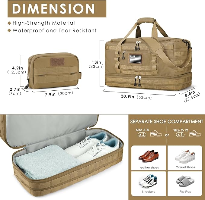 Travel Bag for Men Women, Gym Bag & Tactical Duffle Bags for Travel, Carry on with Toiletry Bag and Shoe Compartment, Weekender Overnight Trip with Wet Pocket for Workout Medical, Brown - Image 4