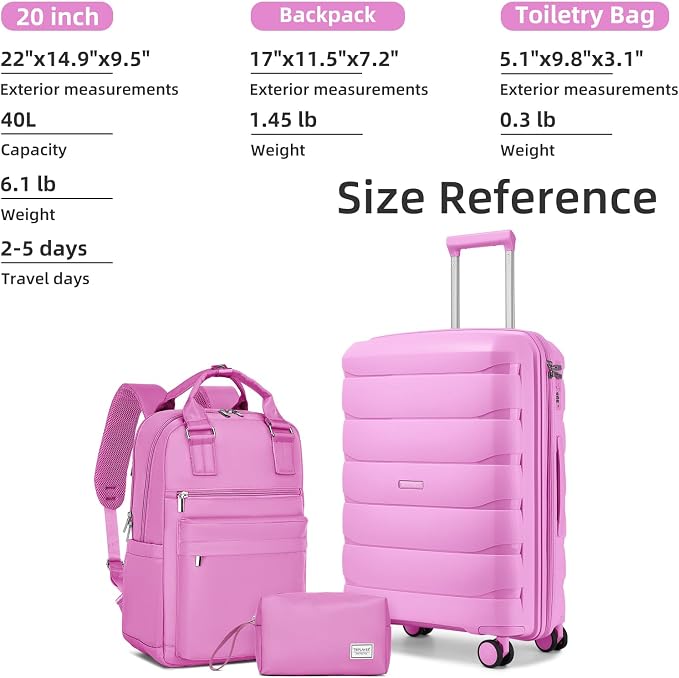 Carry On Luggage 22x14x9 Airline Approved, 22 Inch PP Hardshell Luggage Carry-on Suitcase with Spinner Wheels, Carry On Suitcase Set for Women (Hot Pink) - Image 6