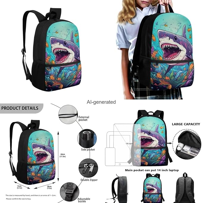 Shark Backpack for Boys Kids Backpack with Lunch Box Water Bottle Pouch and Soft Pencil Case 4PCS Set Cute Bookbag with Front Pocket 17" Large School Bag with Side Pocket for Elementary Girls - Image 3