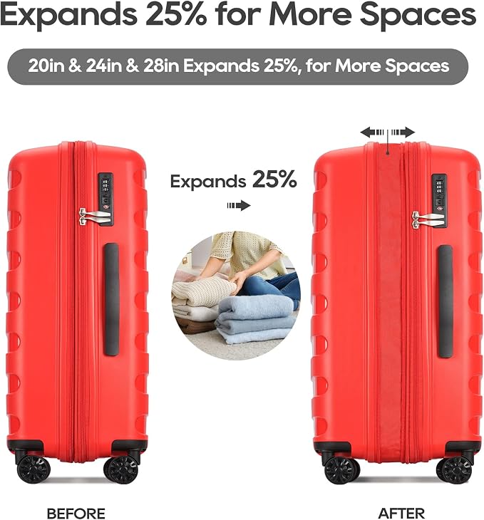 GinzaTravel PP material 3-piece expandable luggage sets with Spinner Wheels， Suitcase with TSA Lock，Large Luggage for Family Travel carry on 20/24/28，Red color - Image 3