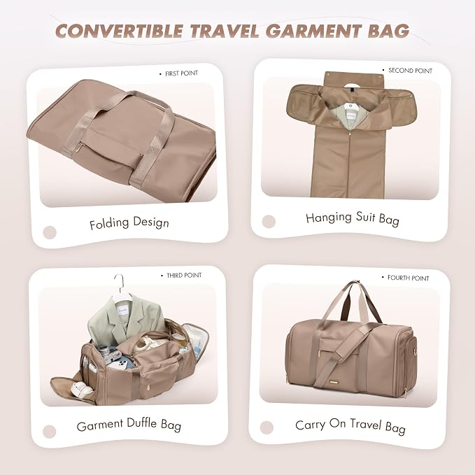 Convertible 2-in-1 Garment Bags for Travel,Women Men Carry On Garment Duffle Bag With Shoe Compartment,Hanging Suit bag,48L,Champagne Brown - Image 3
