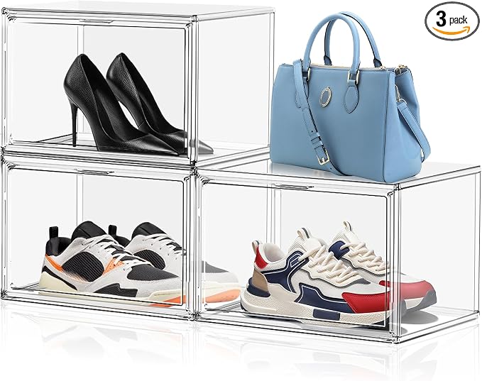 3 Pack X-Large Acrylic Shoe Display Case Size 14 Clear Stackable Handbag Organizer Sneaker Storage Box Shoe Contianers with Magnetic Door Purse Organizer for Closet by EZJOB