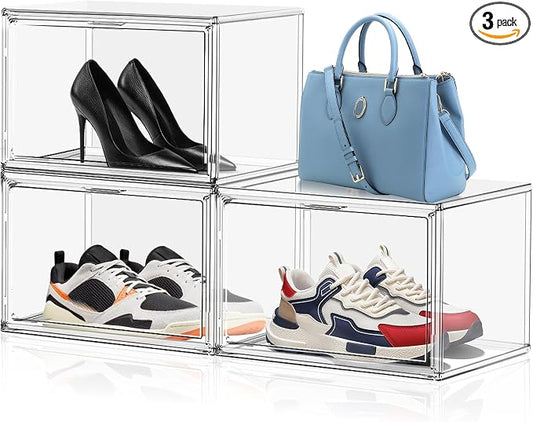 3 Pack X-Large Acrylic Shoe Display Case Size 14 Clear Stackable Handbag Organizer Sneaker Storage Box Shoe Contianers with Magnetic Door Purse Organizer for Closet by EZJOB