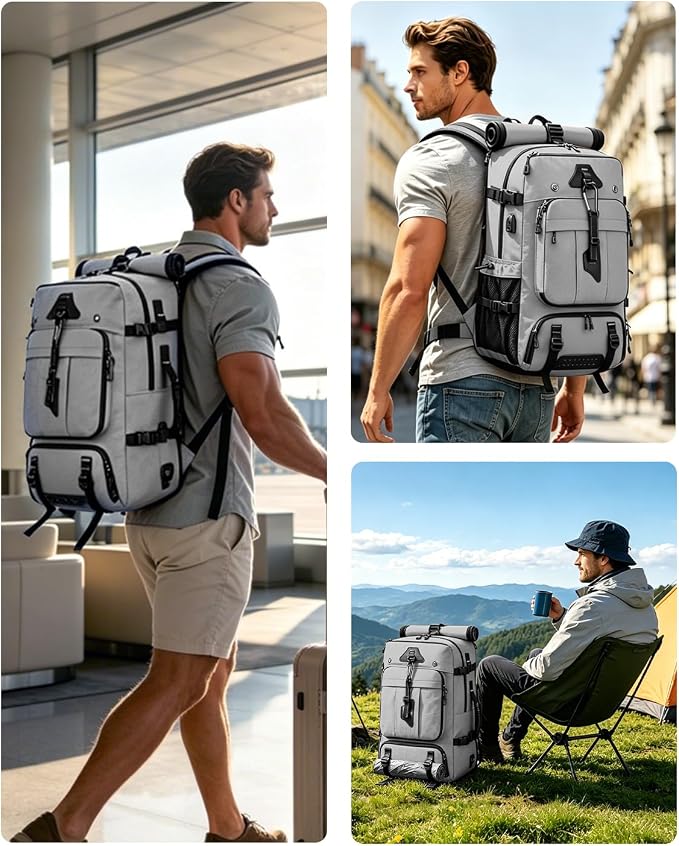 Travel Backpack for Men, 40L Carry on Backpack For Camping,Weekender Grey | Large Carry On, Convertible Duffle Bag, Shoe Compartment, Fits 16 Inch Laptop, Durable - Image 7