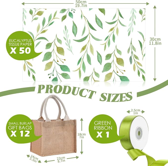 Shinylin 12 Pcs Small Burlap Tote Bag Set with Handles Spring Wedding Favors Reusable Jute Tote Bag Bulk with Eucalyptus Tissue Paper and Green Ribbon Wrapping 8.7x5.5x7inch - Image 2