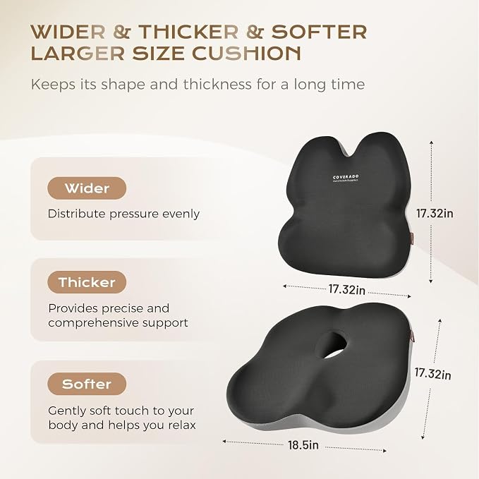 Coverado Car Seat Cushion And Lumbar Support Pillow for Office Chair,Desk Chair, Wheelchair, Gaming Chair, Car, Airplane, Washable Ergonomic Memory Foam Pillow Back Cushions & Seat Cushions Gray&Black - Image 2