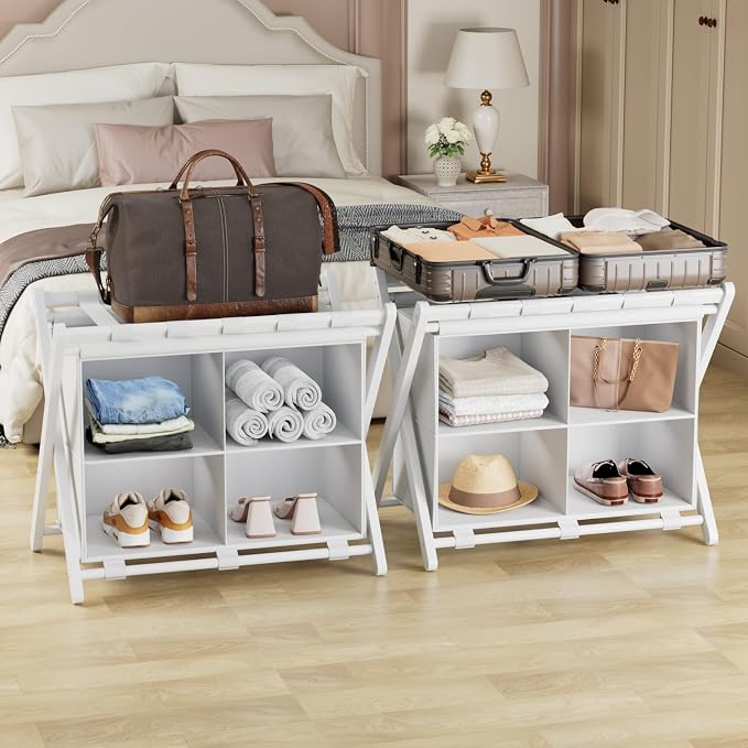 Folding Luggage Rack, 2-Pack White Bamboo Suitcase Stands with 4 Storage Compartments , Sturdy Luggage Holders for Guest Room, Bedroom, Hotel - Image 2