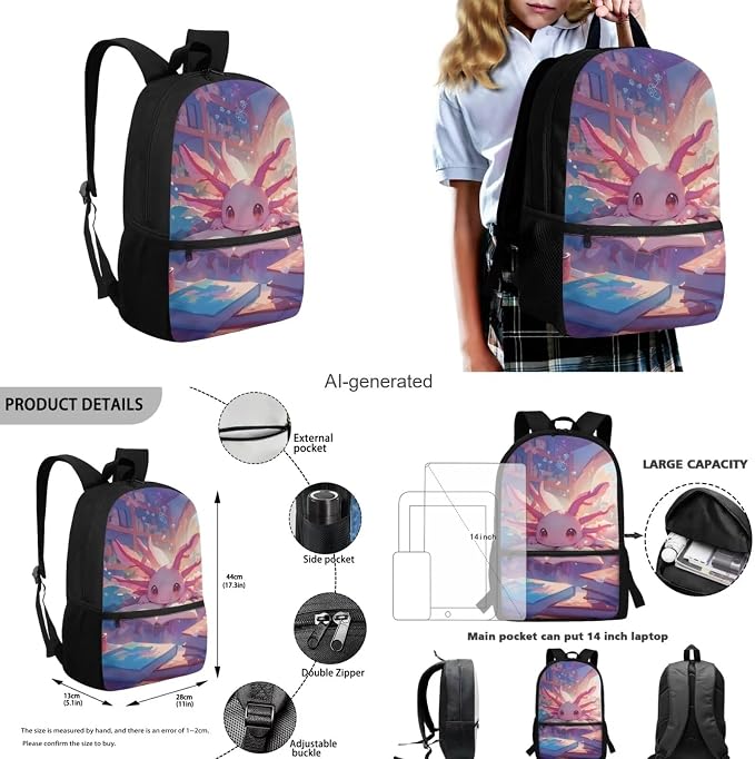 Cute Axolotl Backpack for Kids Girls Backpack with Lunch Box Water Bottle Pouch and Large Pencil Case 4PCS Set 17 inch Bookbag with Front Pocket for School Lightweight Elementary School Bag - Image 3