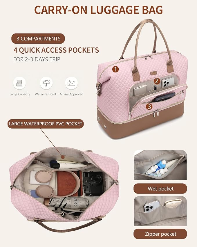 Weekender Bags for Women Travel, Under Seat Carry On Bags for Airplanes Overnight Bag with Shoe Compartment Luggage Sleeve, Foldie Travel Tote Bag Hospital Bag, Travel Gifts, Pink Brown - Image 5