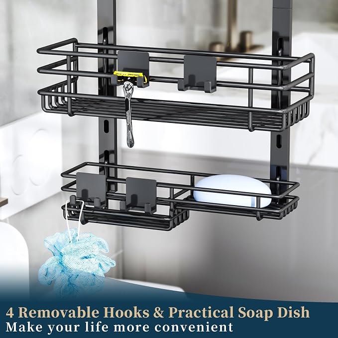 Consumest Over The Door Shower Caddy - 5 Tier Adjustable Shower Organizer Hanging with 2 Toothbrush Holders & 4 Hooks, Rustproof Organizer Shelf, Storage Rack for Bathroom, Black - Image 7