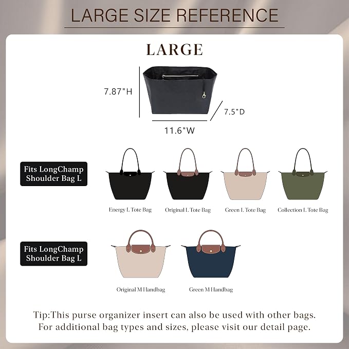 Doxo Purse Organizer Insert for Longchamp Le Pliage Large, 6-Compartment Bag Organizer with YKK Zipper Pocket, Cup Holder, Key Chain, Waterproof DupontPaper Lightweight Handbag Shaper (Black,L) - Image 2