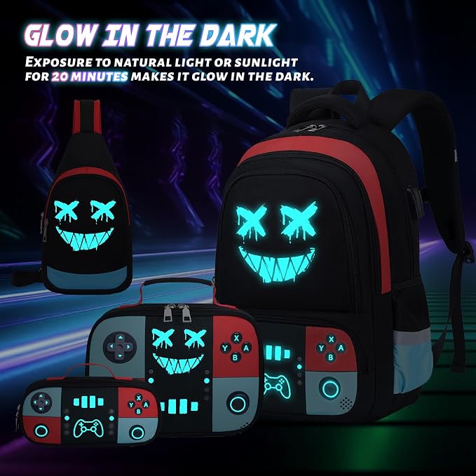Bevalsa Backpack for School Boys, Cool Luminous Gamer Boys Schoolbag with Sling Bag,Lunch Box & Pencil Case for Kids Children Teens Elementary Middle School(Red Blue Smile Backpack with Shoulder Bag) - Image 3