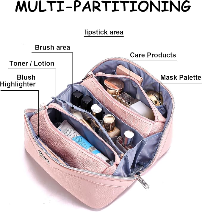 BOYATU Travel Makeup Bag for Women: Cosmetic Organizer Bag with Compartments - Leather Make up Bags Set of 3 (G-3-Pink) - Image 7