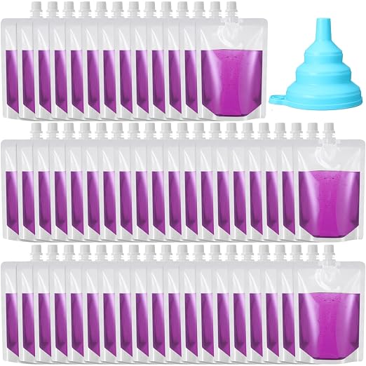 Patelai Plastic Liquid Pouch Reusable Juice Pouches Travel Water Pouch Leak Proof Bags Bulk with Collapsible Silicone Funnel for Travel Outdoor (60 Pieces,24 oz) by Patelai