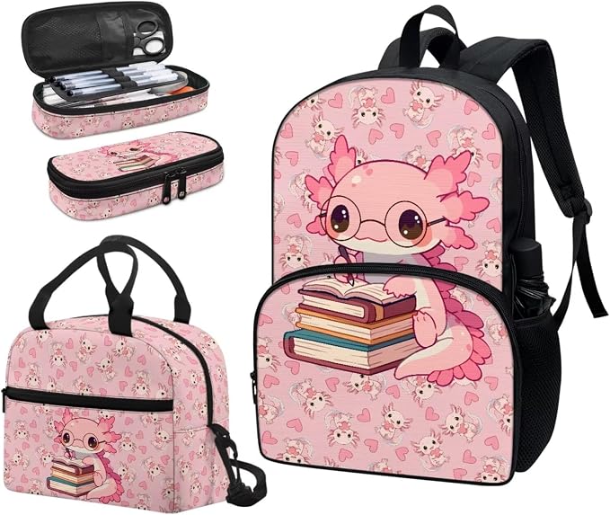 Axolotl Book Backpack for Kids, Girls Cute Backpack School Bookbags with Insulated Lunch Box Pencil Case 3 in 1, Lightweight Backpack for Travel - Image 6