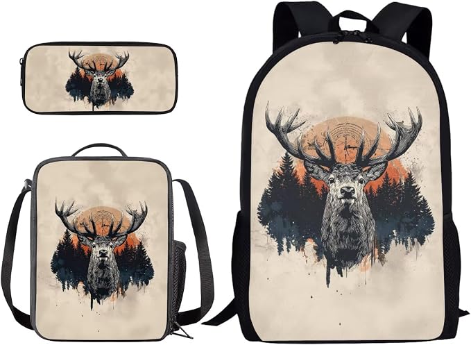 Vintage Deer Forest Print Durable Backpack Set for Boys and Girls, Large Lightweight Schoolbag Set with Lunch Bag Pen Bag, Suitable for Elementary and Middle School Students, Beige by PCSJRKG