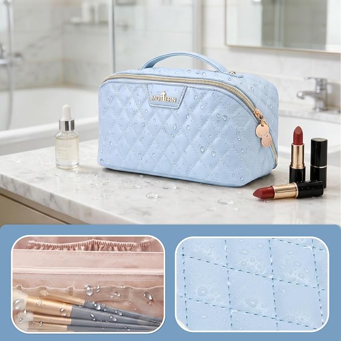 Travel Makeup Bags Cosmetic Organizer: 3Pcs Set Puffy Make up Bag for Women | Blue Premium Quilted ELEGANCE Design | Large Capacity Leather Toiletry Bags | Wide Open Compact Case for Travel Essentials - Image 2
