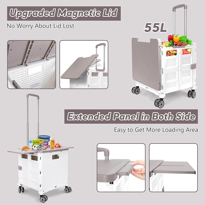 FELICON SELORSS Folding Utility Cart Portable Rolling Crate Handcart-White | Adjustable Handle+Extended Magnetic Lid,Storage Basket Box,4 Swivel Wheels Tote for Teacher Move Shop Travel Grocery Office - Image 3