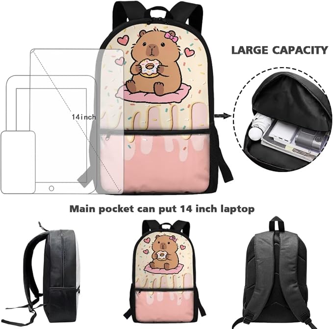Capybara Ice Cream Girls Backpack Kids Cute School Bookbags with Lunch Box and Pencil Case for Primary Elementary Casual Daypack Set of 3 - Image 2