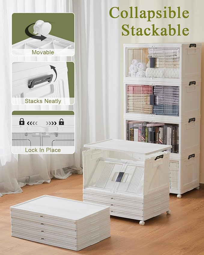 OlarHike 76QT Lockable Storage Bins with Lids - Folding Storage Box with Doors & Wheels, Collapsible Drawers for Home, Dorm, Closets, Office, School, College, Stackable Containers, 4 Pack Cubes - Image 2