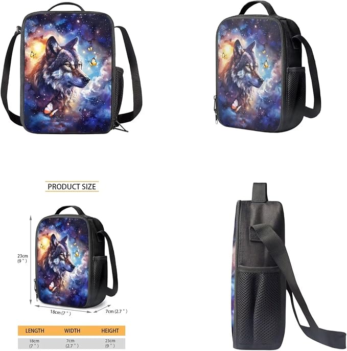 Galaxy Wolf Backpack for Girls Kids Backpack with Lunch Box Water Bottle Carrier with Strap and Soft Pencil Case 4PCS Set Bookbag with Front Pocket for School 17 inch Large Capacity School Bag - Image 4