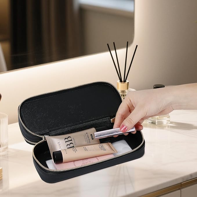 Double Layer Makeup Bag Makeup Brush Case Waterproof Travel Cosmetic & Toiletry Bag Purse Organizer and Car Essentials for Women (Black, 2-Layer SLIM) - Image 3