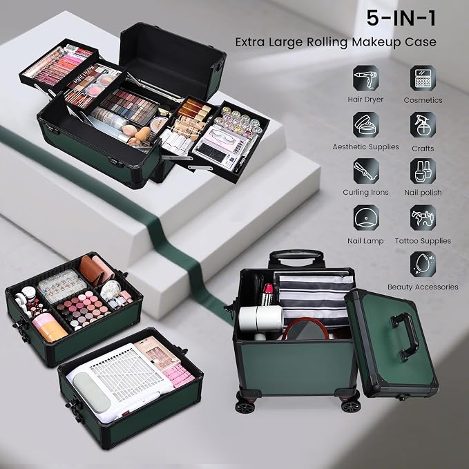 Rolling Makeup Case Makeup Train Case with Lid 5 in 1 Cosmetology Case on Wheels Cosmetic Trolley Organizer Large Makeup Organizers Case Profesional Cosmetic Case for Salon Barber Nail, Dark Green - Image 8