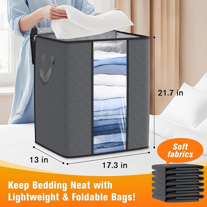 SpaceTrove Clothes Storage Bags, 6-Pack Comforter Blanket Organizers, 80L Large Capacity Containers with Visual Window for Clothing, Quilt, Sheet, Pillow, Closet Organization for Bedding (Grey) - Image 2