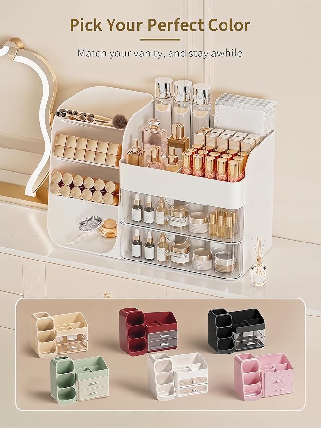 Booklov Makeup Organizer for Vanity, Countertop Cosmetic Display Case with Clear Acrylic Drawers, Bathroom Counter Beauty Caddy, Cute Table Storage Holder for Skincare, Brush Lipsticks, Crystal White - Image 8