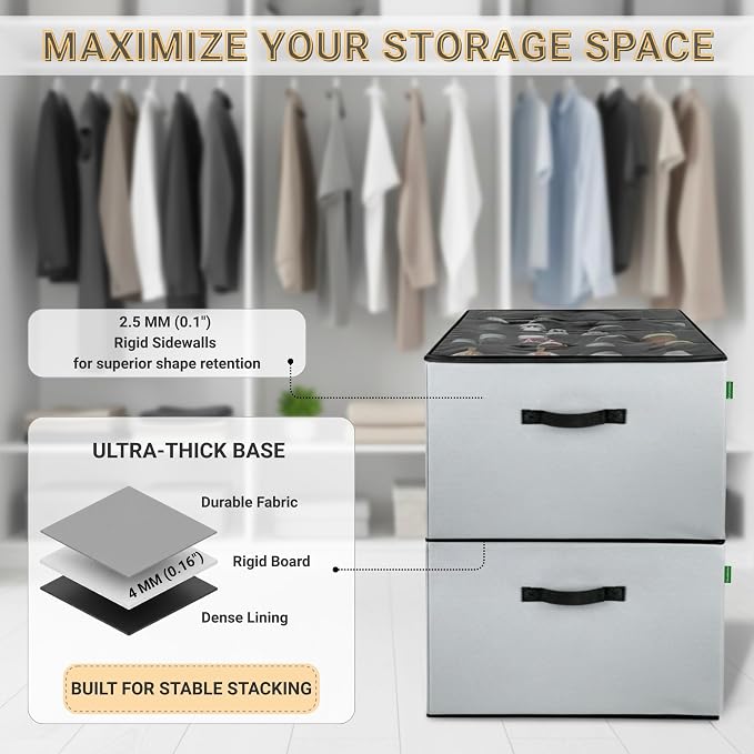 2 Pack Shoe Organizer for Closet, Foldable Fabric Shoe Storage Box with Adjustable Dividers and Clear Dustproof Cover, Large Collapsible Shoe Bins & Containers, Holds up to 32 Pairs, Gray - Image 3