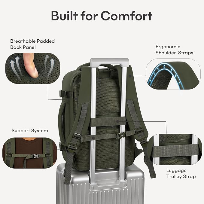 mibasies 40L Travel Backpack for Women & Men: Carry On Luggage Flight Approved, TSA Laptop Backpack with Water Bottle Pocket, Personal Item Bag Fits 17" Laptop for Weekender Business - Deep Green - Image 8