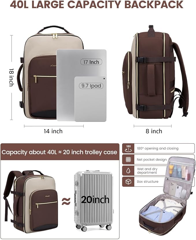 LOVEVOOK 40L Travel Backpack for Women & Men, Airline Approved Carry On Luggage with 3 Packing Cubes, TSA Overnight Bags, Waterproof Personal Item Bag, Weekender Essentials Backpacks fits 17" Laptop - Image 4