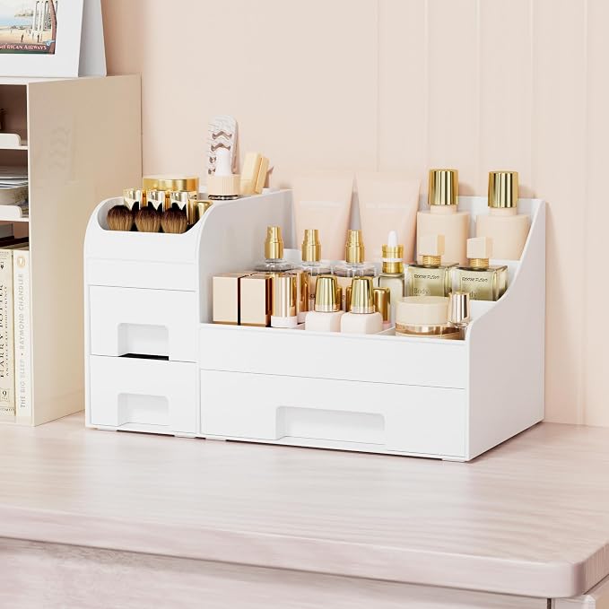 Makeup Organizer with Drawers,Large Cosmetic Storage Box,Countertop Skincare Organizer,ABS Makeup Brush Holder for Bathroom,Desk,Dresser,Multifunctional Beauty Display Case,White transparent - Image 3