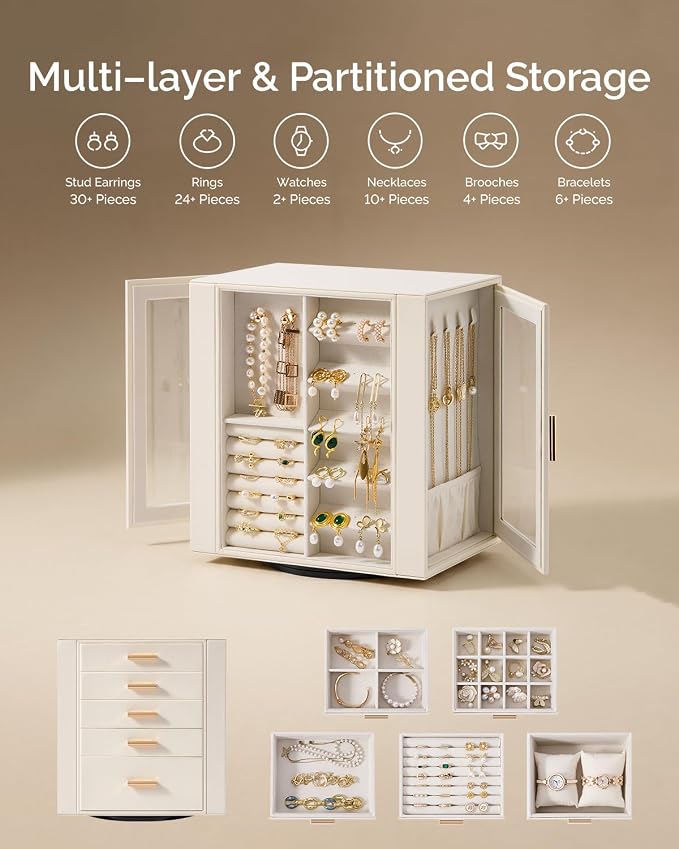 CASEGRACE 360° Rotating Jewelry Box Organizer, Jewelry Storage with 5 Drawers, Clear Window, Jewelry Display Case for Bracelets, Necklaces, Earrings, Rings, White - Image 4
