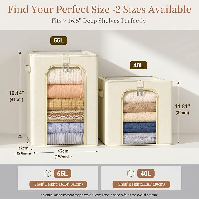 GoMaihe Clothes Storage Bins with Metal Frame, 55L Blanket Storage Boxes for Above Shelf Closet, 6 Pack Stackable Clothing Storage Organizer with Clear Window for Bedding Sweaters Comforters – Beige - Image 7