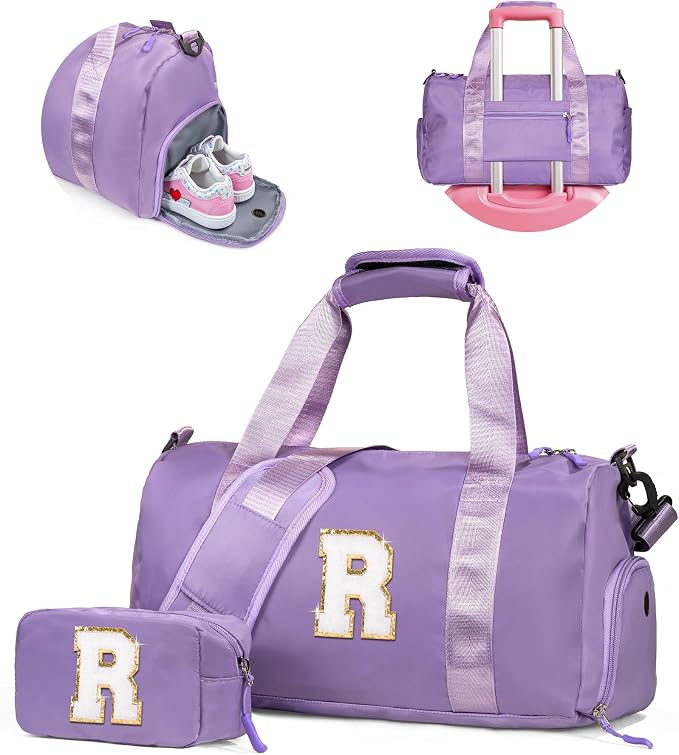 4 Year Old Girl Birthday Gifts-Girl Gym Bag with Shoe Compartment, Kid Personalized Weekender Overnight Bags, Initial Travel Tote with Makeup Pouch, Valentines Day Gift for Girls (Letter R) by Vogewood