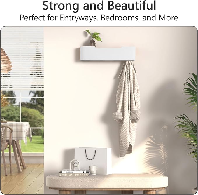 Coat Rack Wall Mount with Shelf 4 Hidden Hooks Modern Wooden Key Holder Entryway Organizer for Hallway Bedroom Bathroom Home Decor Storage for Hanging Coats Hats Bags Towels, White - Image 5