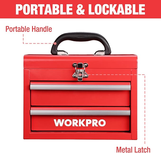 WORKPRO Portable Mini Metal Tool Box with 2 Drawers | Metal Tool Chest, Ball Bearing Slides, Top Storage, Latch Handle, PVC Drawer Liners, PP Feet Pads - Image 3