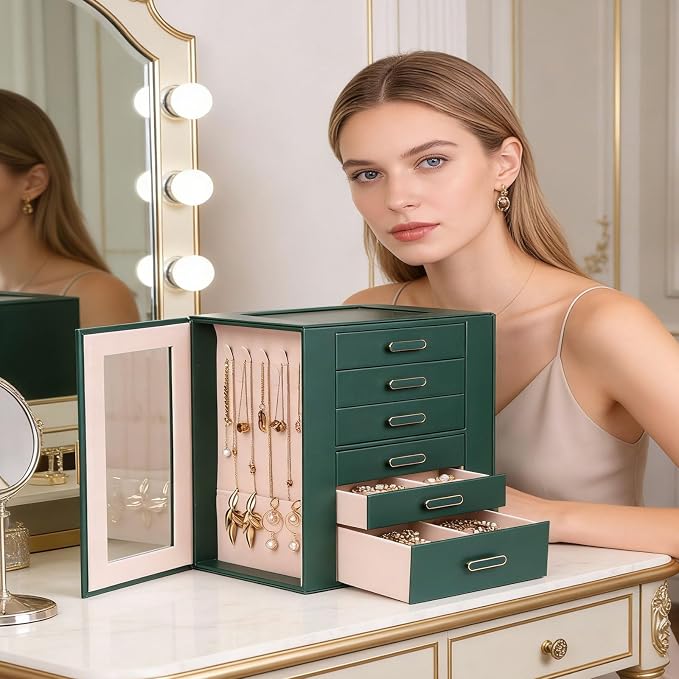 BOOVO Clear Lid Jewelry Box,3 Layers Jewelry Organizer Large Jewelry Storage Box with 2 Drawers,Jewelry Holder Organzier of Rings Earrings Necklace Bracelets for Women (Green, 6 Layer) - Image 5